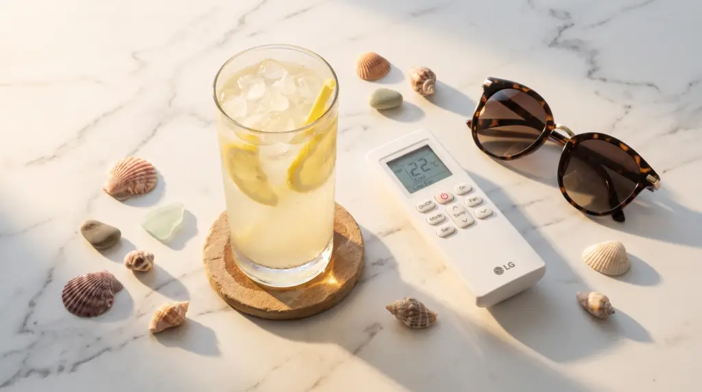 Mermer zeminde buzlu limonata, 22 dereceyi gösteren klima kumandası, güneş gözlüğü ve deniz kabukları