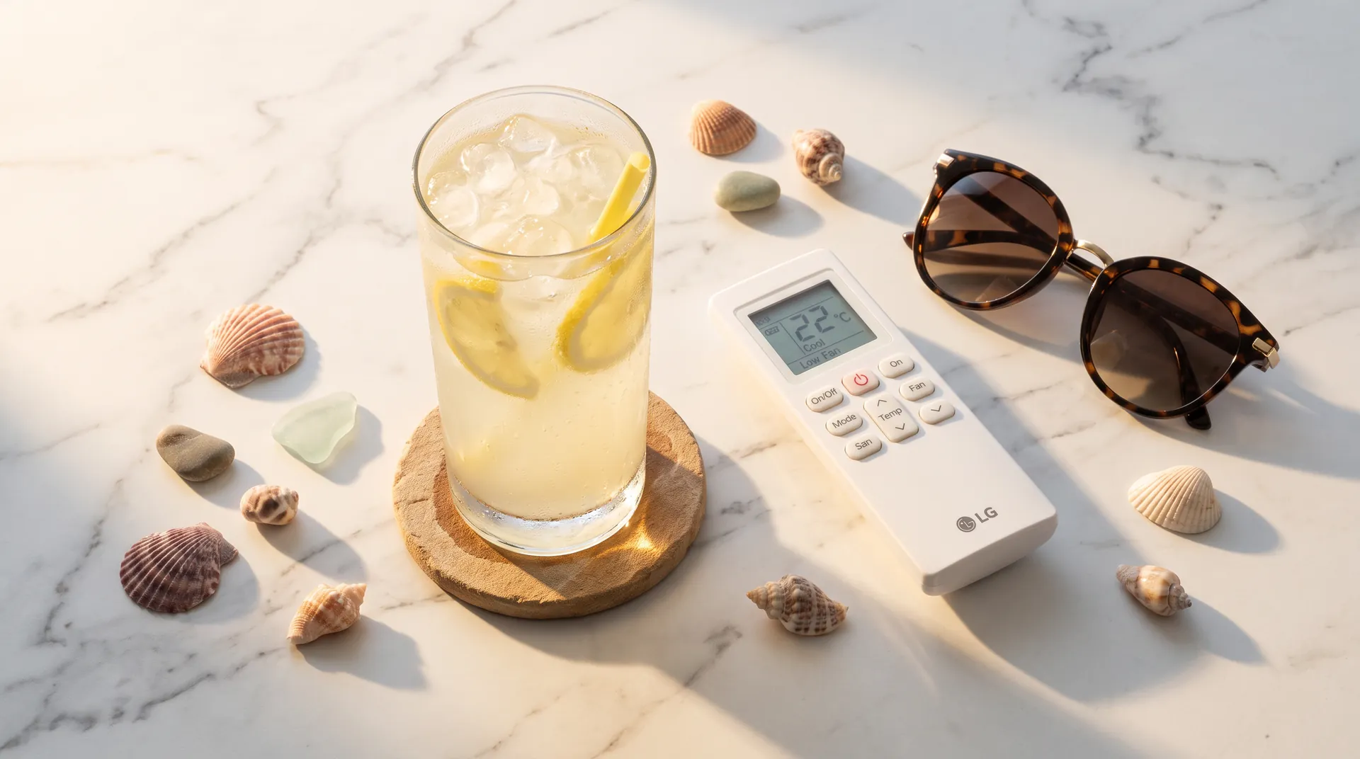 Mermer zeminde buzlu limonata, 22 dereceyi gösteren klima kumandası, güneş gözlüğü ve deniz kabukları