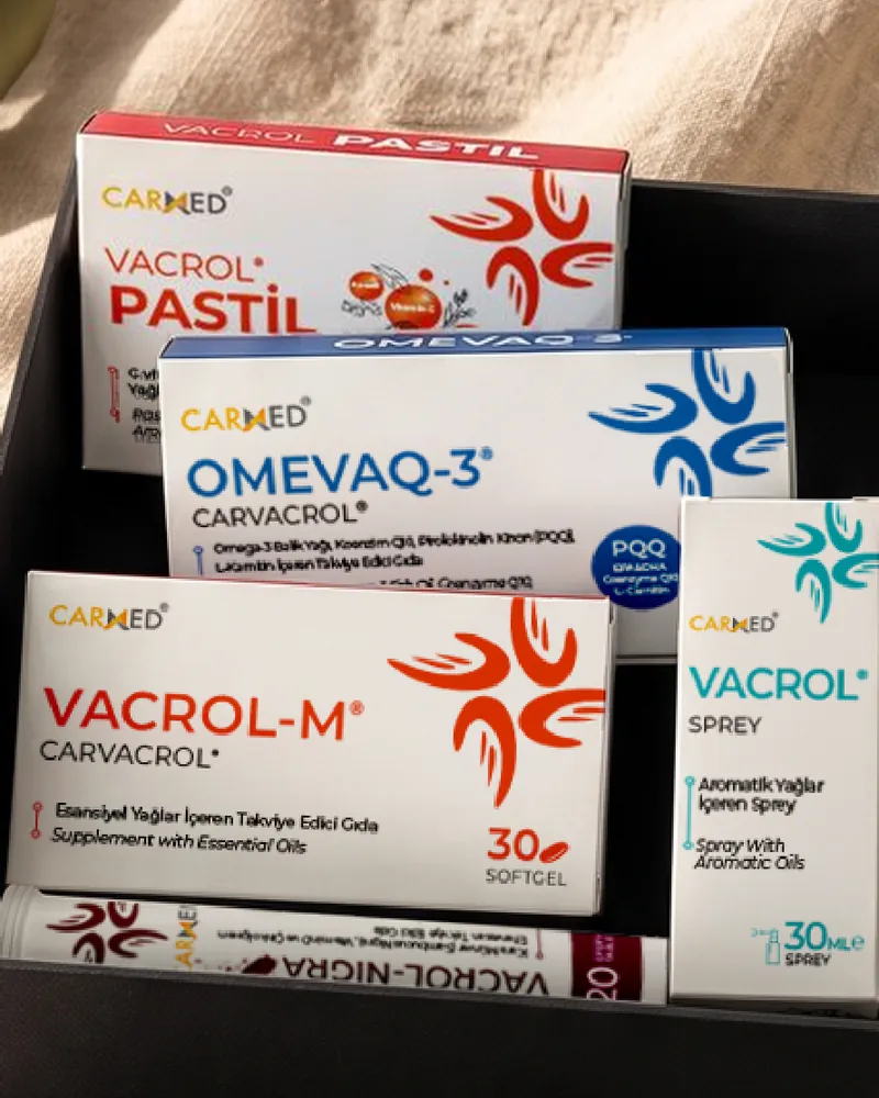 Kurumsal hediye kitindeki Carmed ürünleri: Vacrol Pastil, Omevaq-3, Vacrol-M, Vacrol Sprey ve Vacrol Nigra